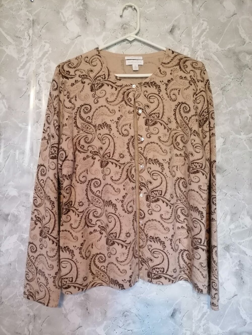 Charter Club Vintage 2-PLY  100% Cashmere Button-Up Cardi Sweater in Paisley Tan